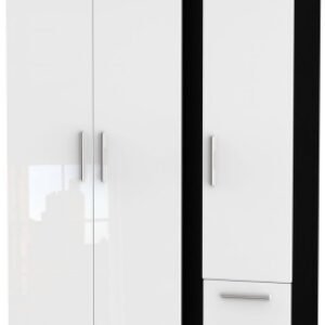 Knightsbridge White Gloss and Black 3 Door Triple Wardrobe - RHF 2 Drawers