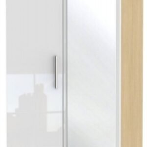 Knightsbridge White Gloss and Light Oak 2 Door Tall Combi Wardrobe - 1 Mirror