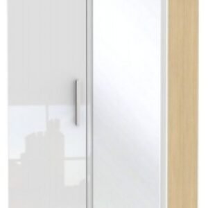 Knightsbridge White Gloss and Light Oak 2 Door Tall Wardrobe - 1 Mirror