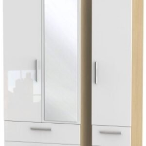 Knightsbridge White Gloss and Light Oak 3 Door Combi Wardrobe - 1 Mirror