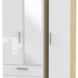 Knightsbridge White Gloss and Light Oak 3 Door Combi Wardrobe - 1 Mirror and LHF 2 Drawers