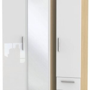 Knightsbridge White Gloss and Light Oak 3 Door Combi Wardrobe - 1 Mirror and RHF 2 Drawers