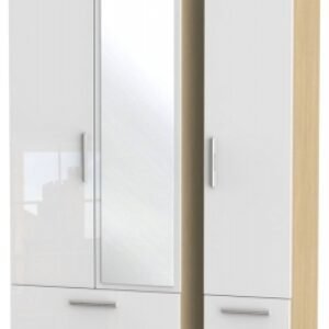 Knightsbridge White Gloss and Light Oak 3 Door Tall Combi Wardrobe - 1 Mirror