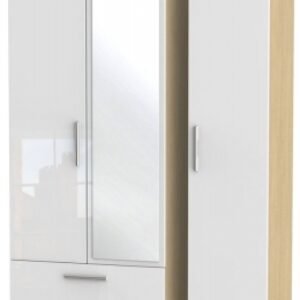 Knightsbridge White Gloss and Light Oak 3 Door Tall Combi Wardrobe - 1 Mirror and LHF 2 Drawers