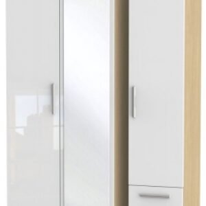 Knightsbridge White Gloss and Light Oak 3 Door Tall Combi Wardrobe - 1 Mirror and RHF 2 Drawers