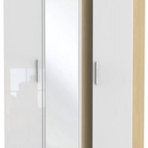 Knightsbridge White Gloss and Light Oak 3 Door Tall Triple Wardrobe - 1 Mirror