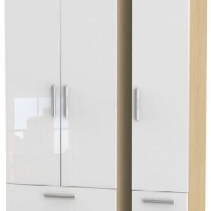 Knightsbridge White Gloss and Light Oak 3 Door Tall Triple Wardrobe - 4 Drawers