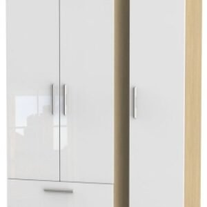 Knightsbridge White Gloss and Light Oak 3 Door Tall Triple Wardrobe - LHF 2 Drawers