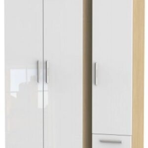 Knightsbridge White Gloss and Light Oak 3 Door Tall Triple Wardrobe - RHF 2 Drawers