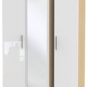 Knightsbridge White Gloss and Light Oak 3 Door Triple Wardrobe - 1 Mirror