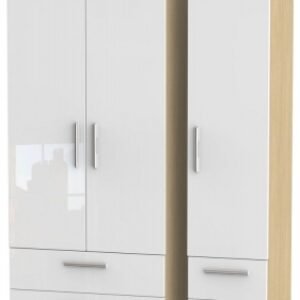 Knightsbridge White Gloss and Light Oak 3 Door Triple Wardrobe - 4 Drawers