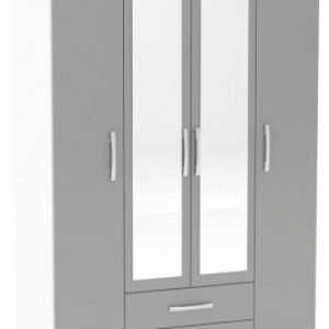 Lynx White and Grey 4 Door Mirrored Wardrobe - 2 Drawers