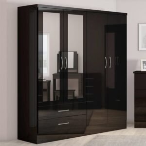 Mack Wooden Wardrobe With 4 Doors 2 Drawer In Black Gloss Front