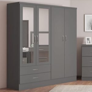 Mack Wooden Wardrobe With 4 Doors 2 Drawers In Grey