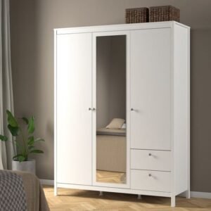 Macron Mirrored Wooden Wardrobe 3 Doors 2 Drawers In White