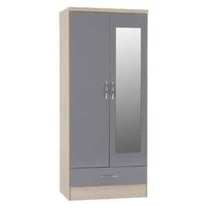 Mark Oak Wooden Wardrobe With 2 Doors 1 Drawer Grey Gloss Front