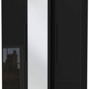 Monaco Black Gloss 3 Door Tall Combi Wardrobe - 1 Mirror and RHF 2 Drawers