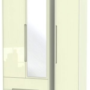 Monaco Cream Gloss 3 Door Tall Combi Wardrobe - 1 Mirror and LHF 2 Drawers