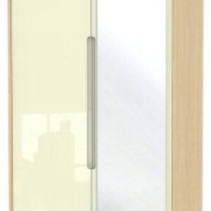 Monaco Cream Gloss and Light Oak 2 Door Tall Combi Wardrobe - 1 Mirror