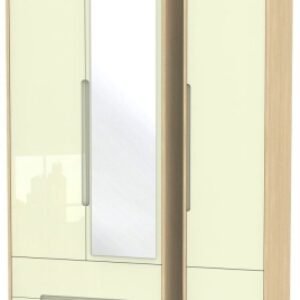 Monaco Cream Gloss and Light Oak 3 Door Tall Combi Wardrobe - 1 Mirror