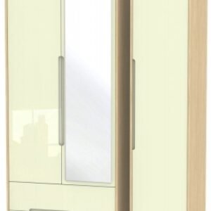 Monaco Cream Gloss and Light Oak 3 Door Tall Combi Wardrobe - 1 Mirror and LHF 2 Drawers