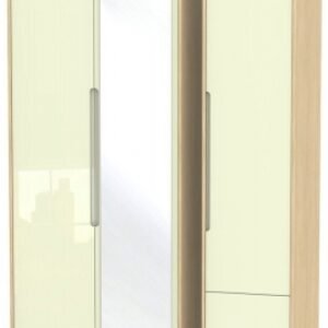 Monaco Cream Gloss and Light Oak 3 Door Tall Combi Wardrobe - 1 Mirror and RHF 2 Drawers