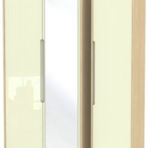 Monaco Cream Gloss and Light Oak 3 Door Tall Triple Wardrobe - 1 Mirror