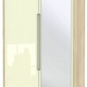 Monaco Cream Gloss and Oak Effect 2 Door Tall Combi Wardrobe - 1 Mirror