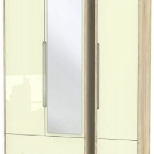 Monaco Cream Gloss and Oak Effect 3 Door Tall Combi Wardrobe - 1 Mirror