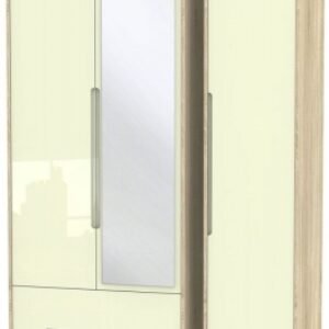 Monaco Cream Gloss and Oak Effect 3 Door Tall Combi Wardrobe - 1 Mirror and LHF 2 Drawers