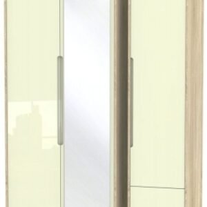 Monaco Cream Gloss and Oak Effect 3 Door Tall Combi Wardrobe - 1 Mirror and RHF 2 Drawers