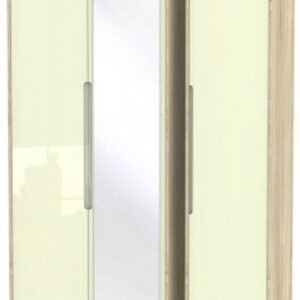 Monaco Cream Gloss and Oak Effect 3 Door Tall Triple Wardrobe - 1 Mirror