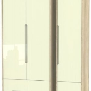 Monaco Cream Gloss and Oak Effect 3 Door Tall Triple Wardrobe - 4 Drawers