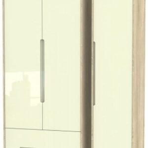 Monaco Cream Gloss and Oak Effect 3 Door Tall Triple Wardrobe - LHF 2 Drawers