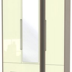 Monaco Cream Gloss and Toronto Walnut 3 Door Tall Combi Wardrobe - 1 Mirror