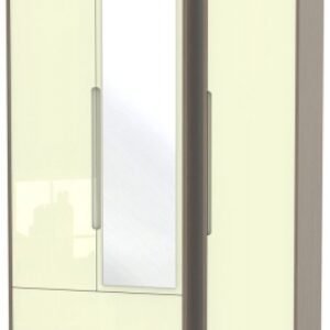 Monaco Cream Gloss and Toronto Walnut 3 Door Tall Combi Wardrobe - 1 Mirror and LHF 2 Drawers