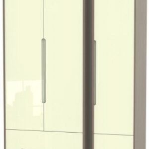 Monaco Cream Gloss and Toronto Walnut 3 Door Tall Triple Wardrobe - 4 Drawers