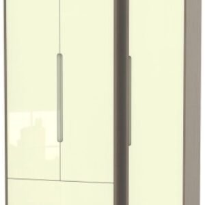 Monaco Cream Gloss and Toronto Walnut 3 Door Tall Triple Wardrobe - LHF 2 Drawers