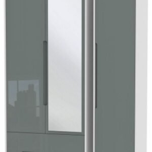 Monaco Grey Gloss and White 3 Door Tall Combi Wardrobe - 1 Mirror and LHF 2 Drawers