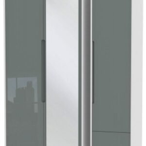 Monaco Grey Gloss and White 3 Door Tall Combi Wardrobe - 1 Mirror and RHF 2 Drawers