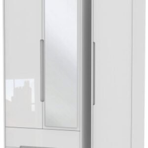 Monaco White Gloss 3 Door Tall Combi Wardrobe - 1 Mirror and LHF 2 Drawers