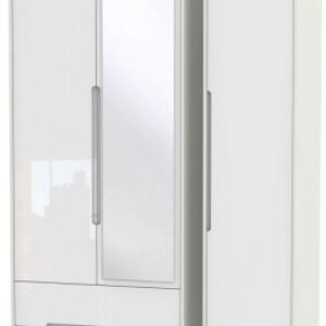 Monaco White Gloss and Cashmere 3 Door Tall Combi Wardrobe - 1 Mirror and LHF 2 Drawers