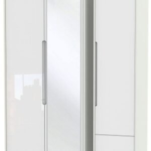 Monaco White Gloss and Cashmere 3 Door Tall Combi Wardrobe - 1 Mirror and RHF 2 Drawers