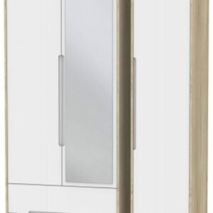 Monaco White Matt and Oak Effect 3 Door Tall Combi Wardrobe - 1 Mirror and LHF 2 Drawers