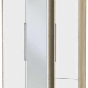 Monaco White Matt and Oak Effect 3 Door Tall Combi Wardrobe - 1 Mirror and RHF 2 Drawers