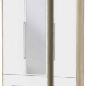 Monaco White and Oak Effect 3 Door Tall Combi Wardrobe - 1 Mirror