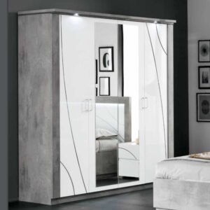 Namilon LED Mirrored Wardrobe 4 Doors In Gloss White Grey Marble