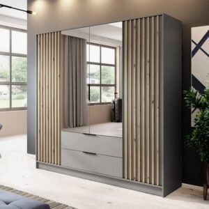 Newport Mirrored Wardrobe With 4 Hinged Doors 206cm In Grey