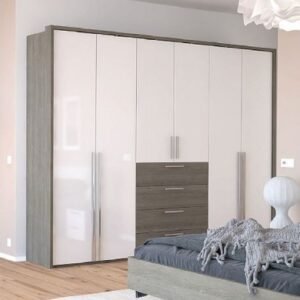 Nolte Horizont 100 Imitation Silver Grey Oak and Polar White 6 Door 4 Drawer Combi Wardrobe - 300cm