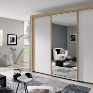 Rauch Amalfi 300cm Silk Grey 3 Door Mirror Sliding Wardrobe - Oak Carcase